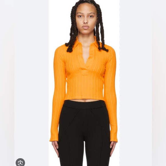 NWT Helmut Lang Cotton Cropped Rib Knit Long Sleeve Polo in Orange, Size XS - Picture 6 of 14